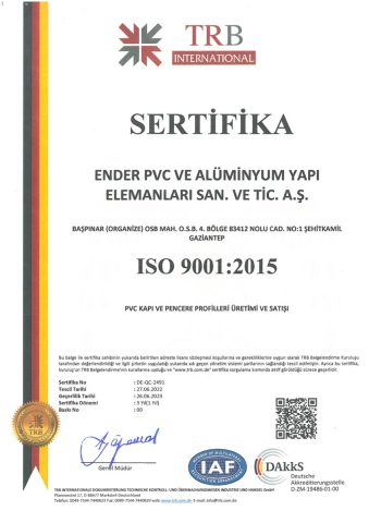 ISO 9001:2015 kalite yönetim sistemi sertifikası görseli, Türkçe
