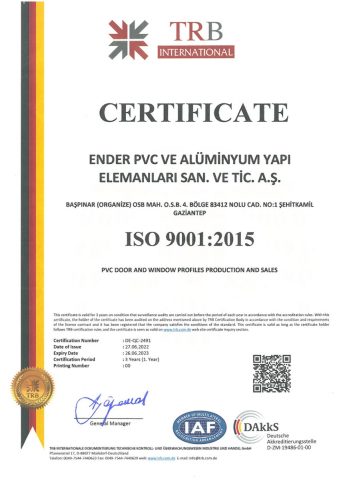 ISO 9001:2015 kalite yönetim sistemi sertifikası görseli, İngilizce