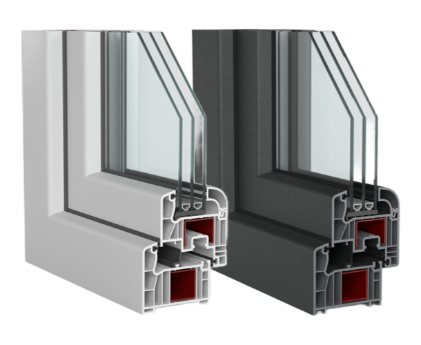 Highline 80 mm PVC pencere profilinin beyaz ve antrasit renkli kesit görünümü